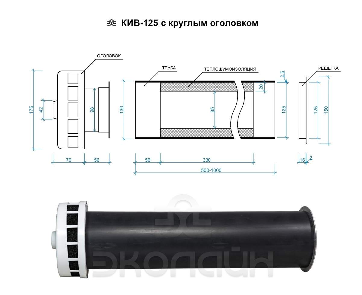 Приточный клапан ЭКОЛАЙН КИВ-125 круглый с трубой 500мм и металл решеткой ( КИВ-125-500), купить в Москве, цены в интернет-магазинах на Мегамаркет