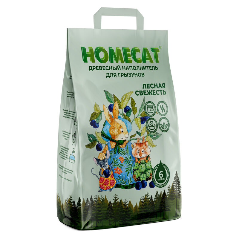 Древесный наполнитель HOMECAT лесная свежесть для грызунов 2 кг
