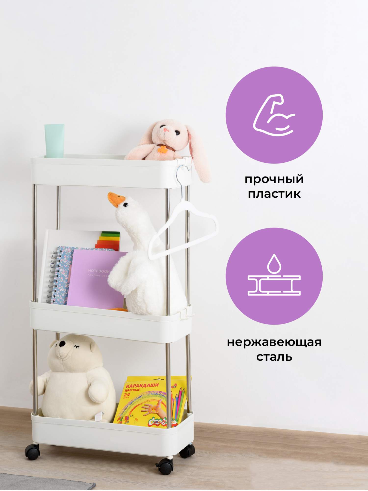 Пластиковая этажерка Birdhouse Стеллаж для ванной и кухни на колесиках белый B0155 - купить в Москве, цены на Мегамаркет