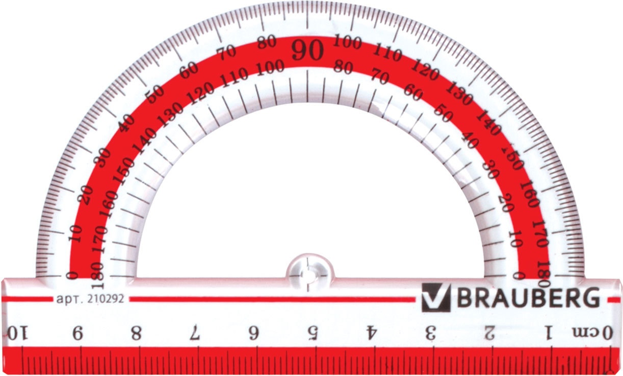 Транспортир Brauberg Сrystal 210292, 10 см, 180 градусов, прозрачный, с выделенной шкалой