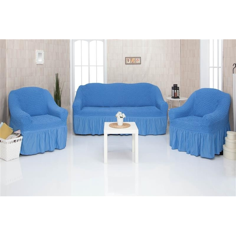 Комплект чехлов на трехместный диван и два кресла с оборкой CONCORDIA, голубой