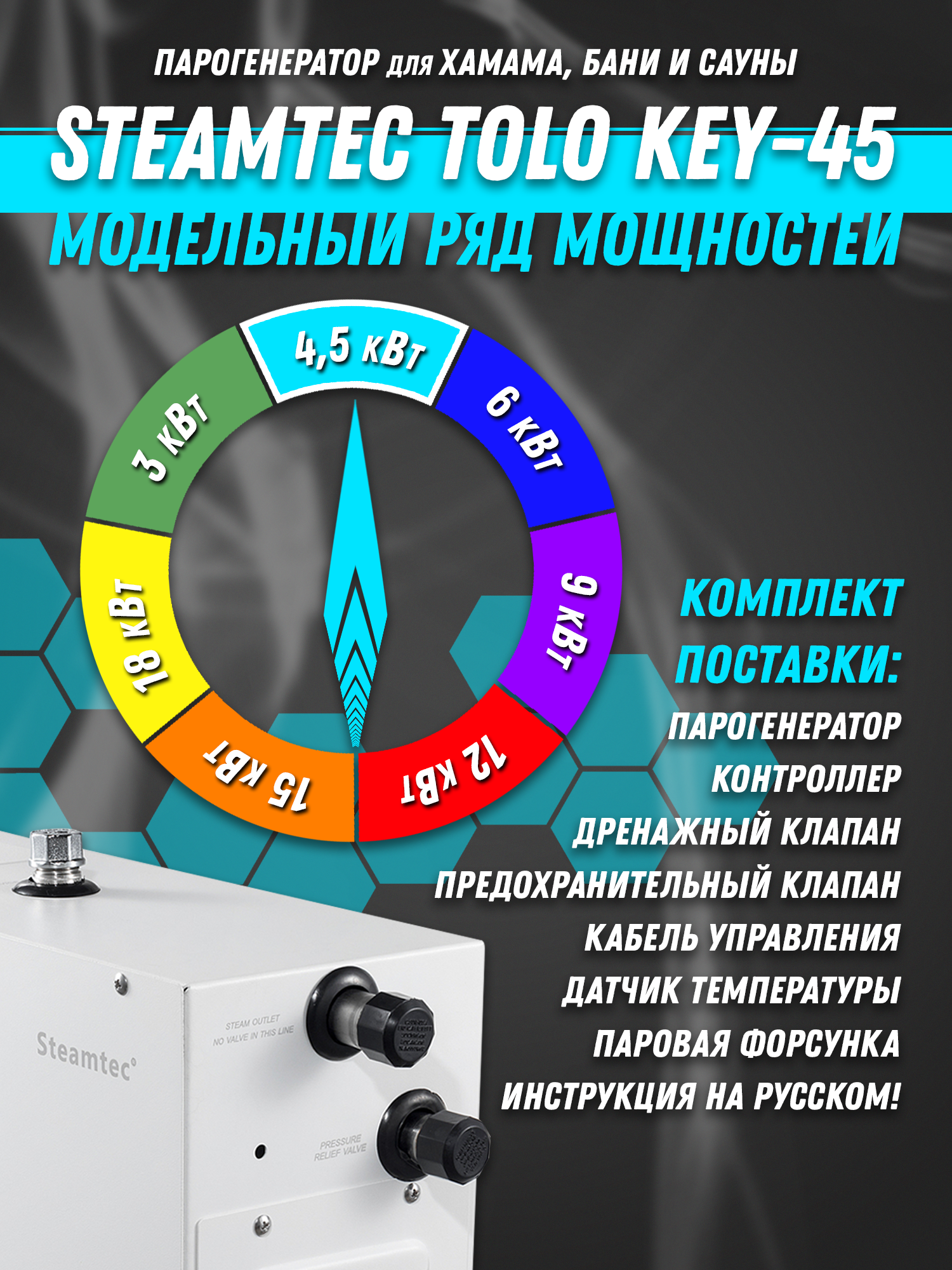 Парогенератор Steamtec TOLO-45-KEY (4,5 Квт), 220В (объем парной 5-7 м3) -  купить в Steam&Water, цена на Мегамаркет