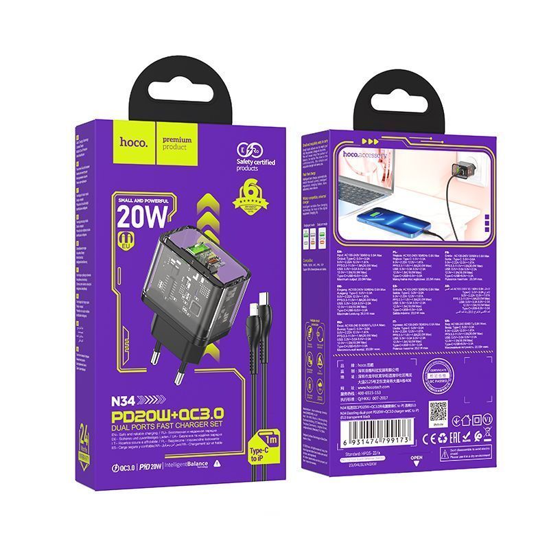 Сетевое зарядное устройство Hoco N34, USB/Type-C, Type-C To Lightning, 20w, черный, купить в Москве, цены в интернет-магазинах на Мегамаркет