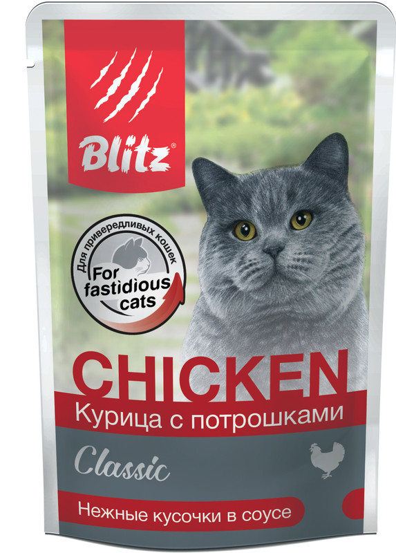 Купить влажный корм для кошек BLITZ Classic, курица с потрошками в соусе, 24шт по 85г, цены на Мегамаркет | Артикул: 100027028961