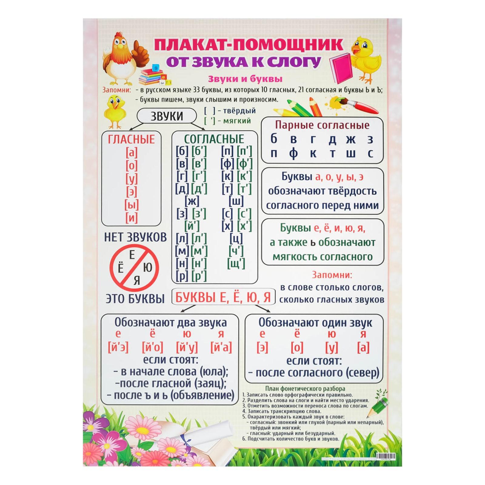 Буквы и звуки русского языка таблица запоминайка Плакат-помощник Экспресс удачи от звука к слогу, А2, 2 шт, 7160458 - купить в Мо
