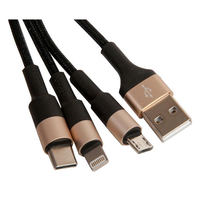 Кабель USB HOCO X26 Xpress 3в1 для Lightning/Micro USB/Type-C  1м, черный с золотым