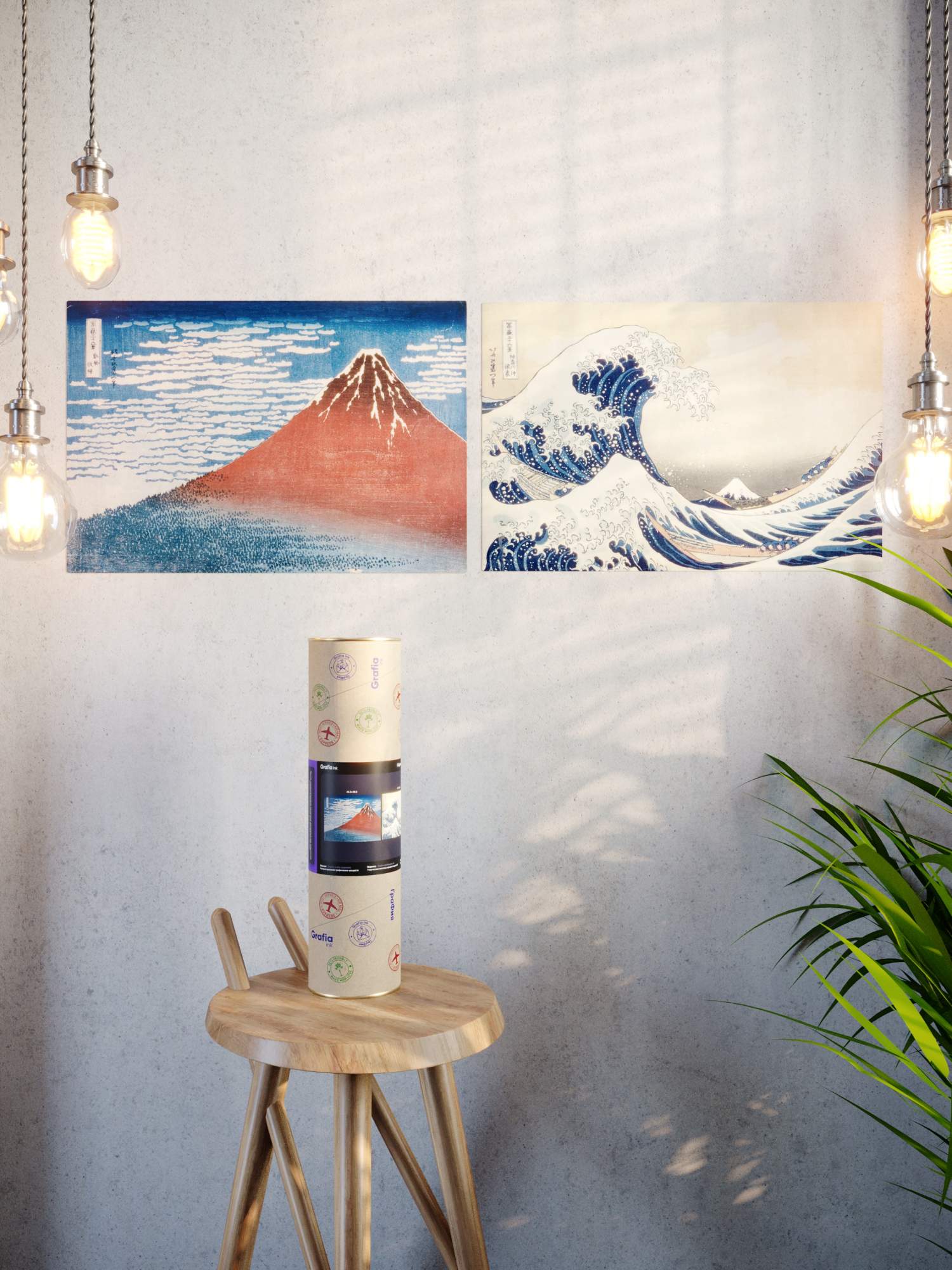 Картины Кацусика Хокусай "Красная Фудзи синий + Большая волна в Канагаве"