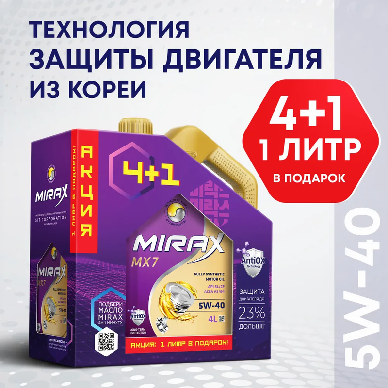 Масло моторное Mirax Mx7 Sae 5W-40 Acea A3/B4 Api Sl/Cf 4Л Акция 4+1 MIRAX 607052 - купить в Москве, цены на Мегамаркет | 100066222823