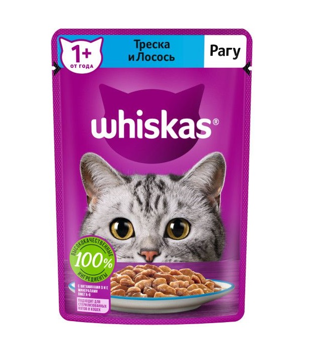 Купить влажный корм для кошек Whiskas рагу с треской и лососем, 28шт по 75г, цены на Мегамаркет | Артикул: 100029198852