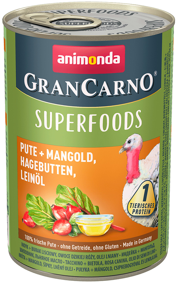 Влажный корм для собак Animonda GRAN CARNO SUPERFOODS с индейкой, шиповником, маслом, 400г