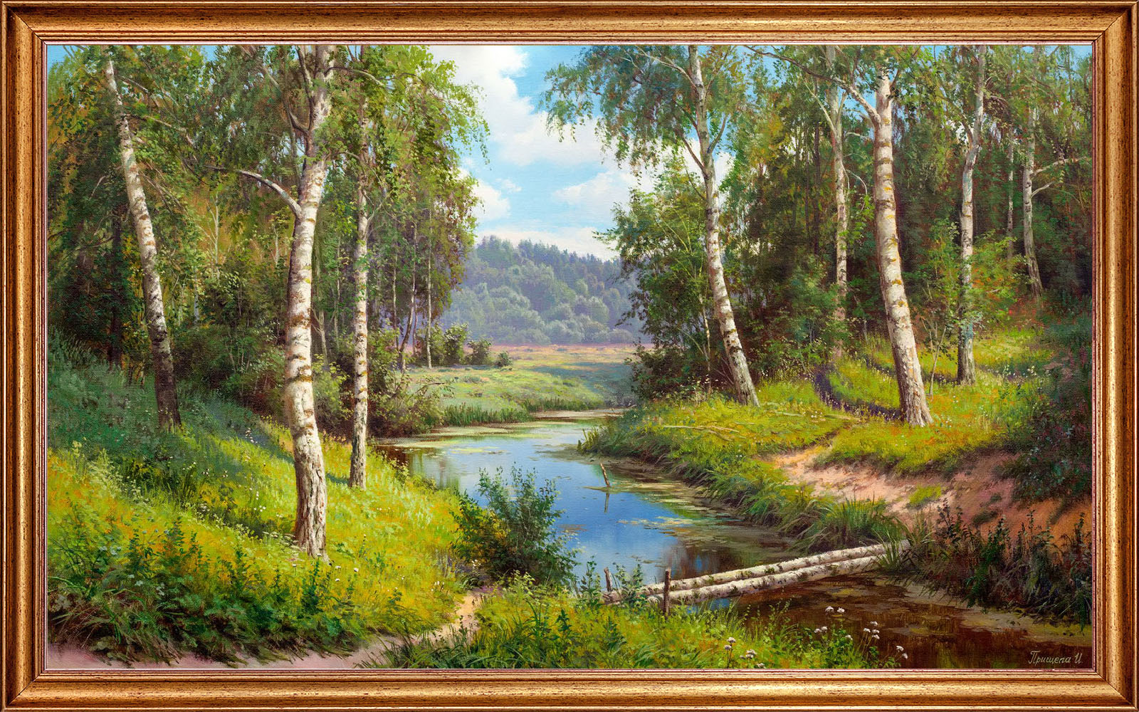 Картина на холсте, "Мостик через речку", 100х60 см. оформлена в багет, Арт. ПИ-х37