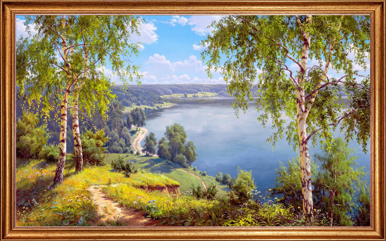 Картина на холсте, "На берегу реки", 100х60 см. оформлена в багет, Арт. ПИ-х4