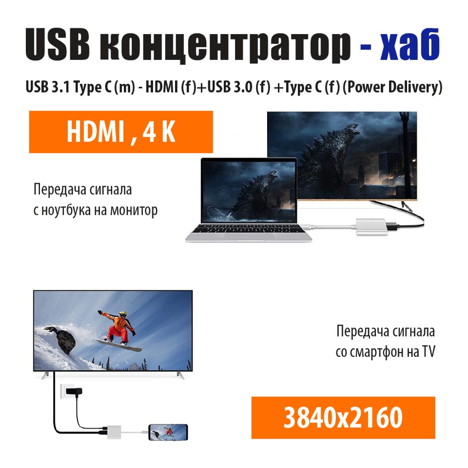 Переходник адаптер (USB Хаб) USB 3.1 Type C - HDMI +USB 3.0 +Type C (Power  Delivery), купить в Москве, цены в интернет-магазинах на Мегамаркет