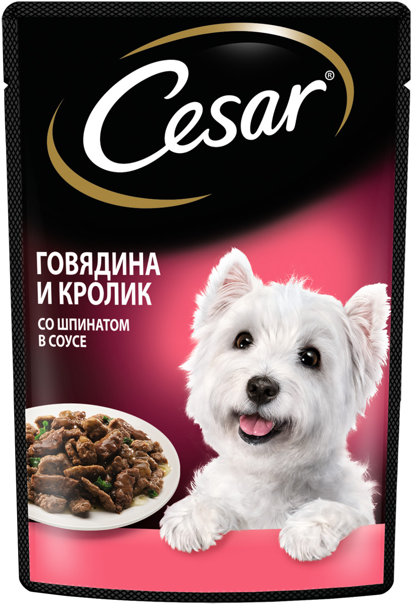 Влажный корм для собак Cesar, говядина, кролик и шпинат в соусе, 28шт по 85г