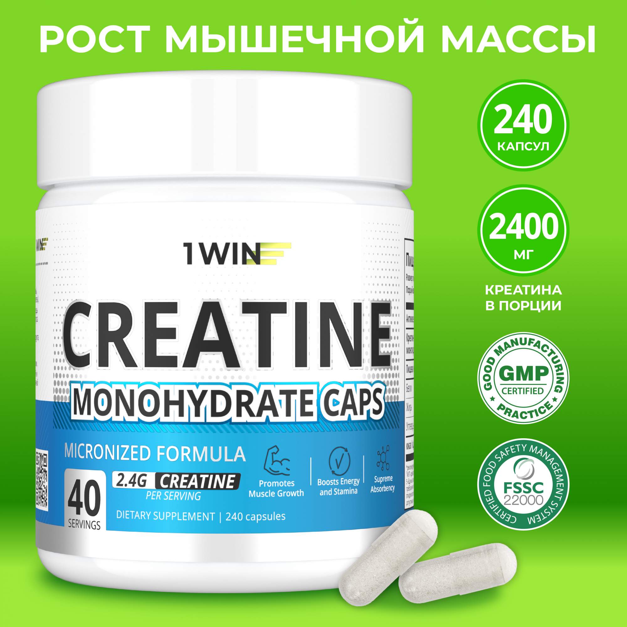 Креатин моногидрат в капсулах Creatine Monohydrate 1WIN, 240 капсул - купить в Москве, цены на Мегамаркет | 600009466545