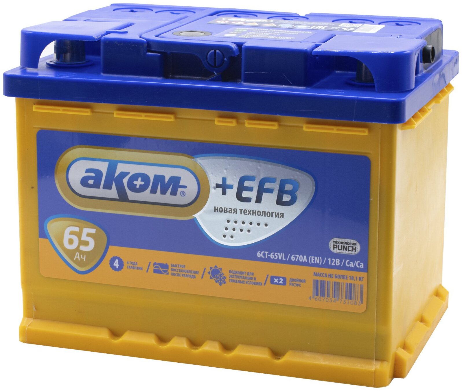 Купить аккумулятор AKOM +EFB 65 Ач 670 А прямая полярность, цены на Мегамаркет | Артикул: 100058630120