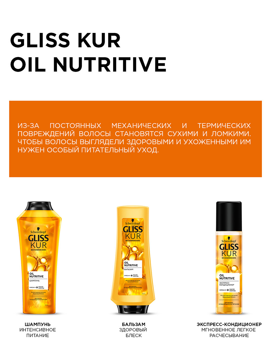 Шампунь Gliss Kur Oil Nutritive, для секущихся волос, питание и здоровый блеск, 250 мл