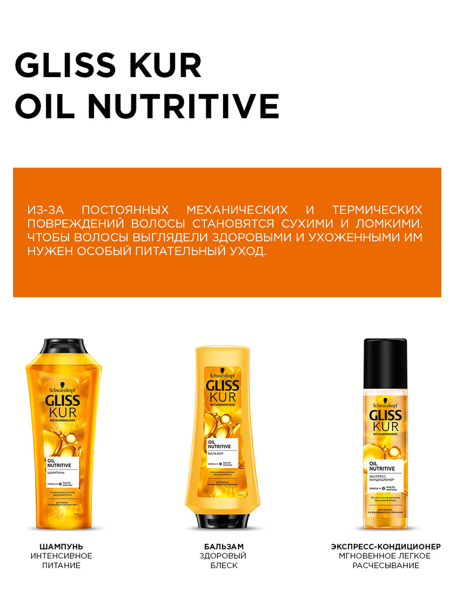 Купить бальзам Gliss Kur Oil Nutritive, для секущихся волос, питание и  здоровый блеск, 200 мл, цены на Мегамаркет | Артикул: 100002565320