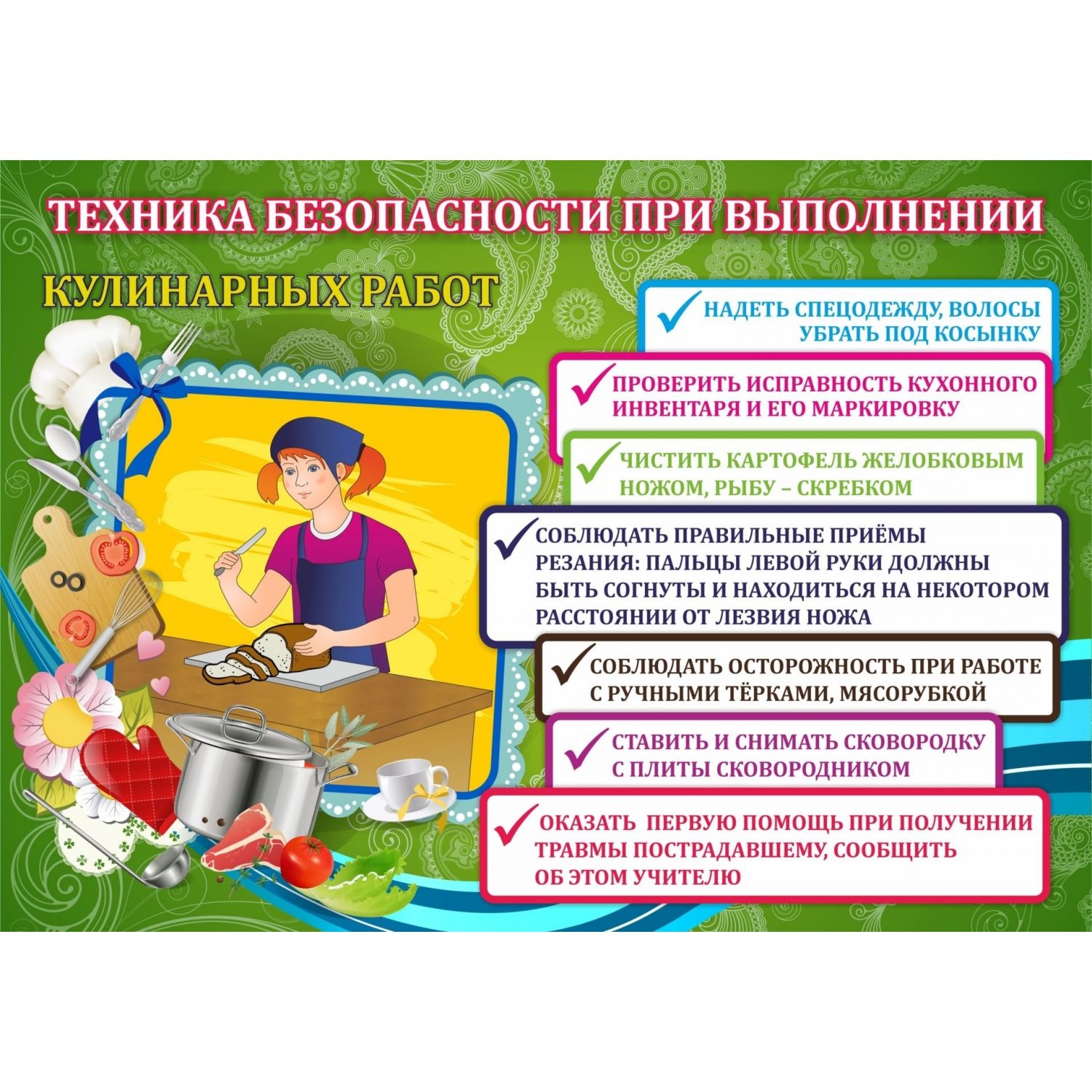 Комплект плакатов "Техника безопасности на уроках труда" (девочки): 4 плаката