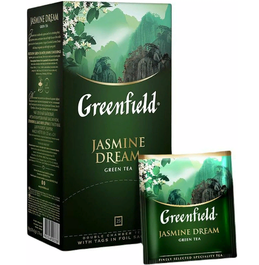 Dreaming green. Чай зеленый Greenfield Jasmine Dream. Чай Greenfield 25пак Jasmine Dream зеленый. Гринфилд чай Жасмин Дрим зеленый 25 пакетиков. Гринфилд 25 зеленый Жасмин.