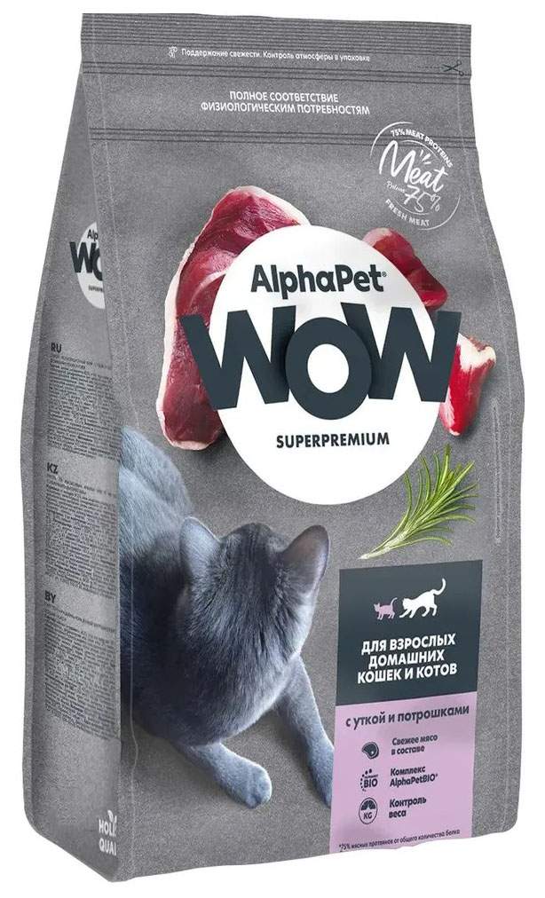 Купить сухой корм для кошек ALPHAPET WOW SUPERPREMIUM, утка с потрошками, 7 кг, цены на Мегамаркет | Артикул: 100043548634