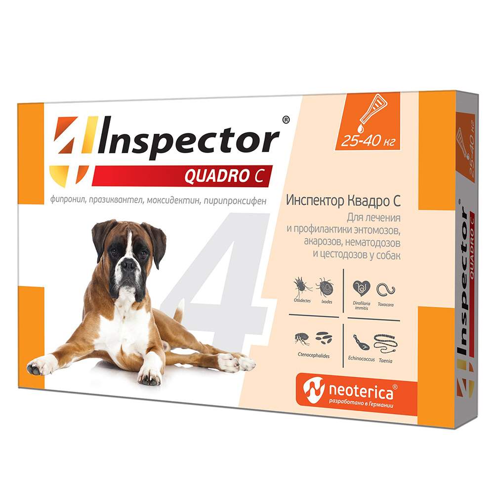 Капли для собак против клещей Inspector Quadro, 1 пипетка, 1 мл, от 25 до 40кг