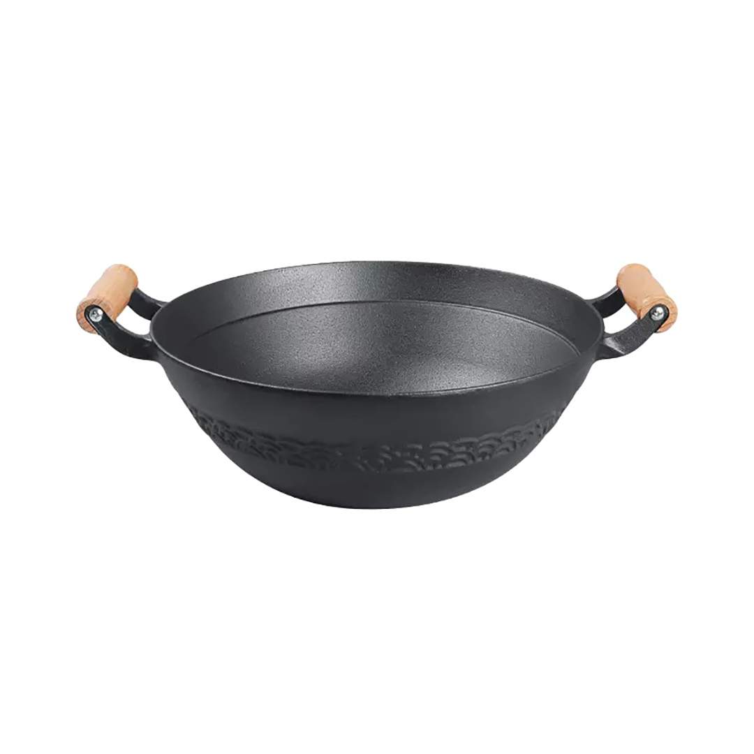 Чугунная сковорода-вок Xiaomi Sanxia Cast Iron Binaural Wood Handle Wok  34cm Black купить в интернет-магазине, цены на Мегамаркет