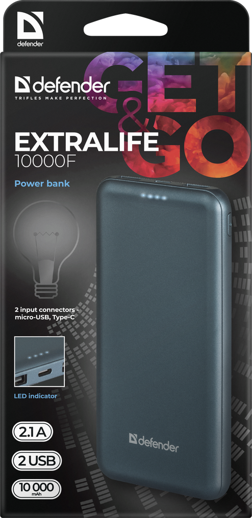 Внешний аккумулятор Defender ExtraLife 10000F 2xUSB 2.1A 10000mAh Black