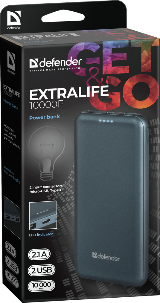 Внешний аккумулятор Defender ExtraLife 10000F 2xUSB 2.1A 10000mAh Black