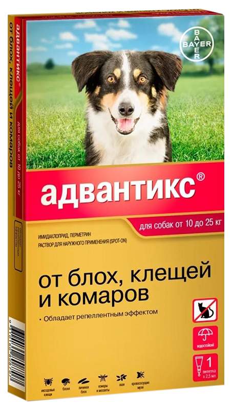 Капли для собак от блох клещей и комаров Bayer Адвантикс, массой 10-25 кг, 2,5 мл - купить в ЗооОптТорг.РФ, цена на Мегамаркет