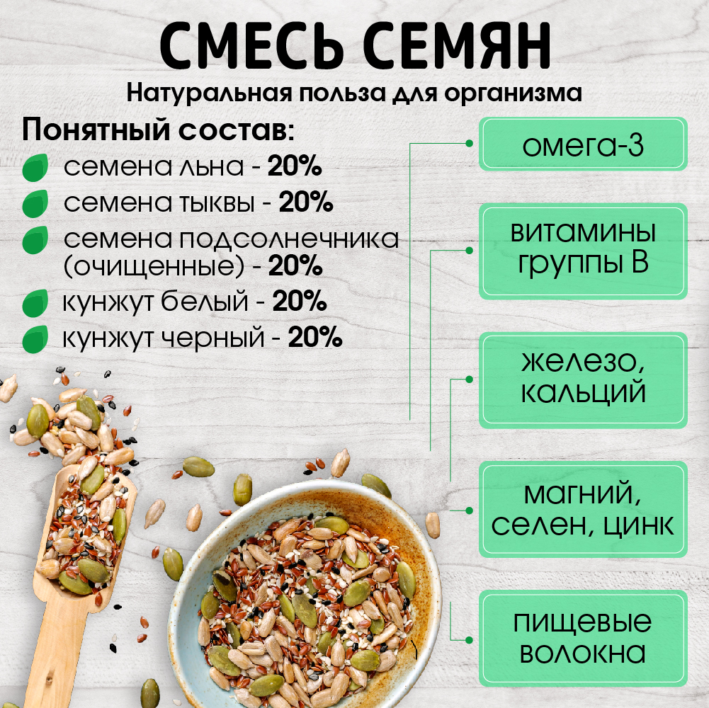 Купить смесь из 5 семян для салата Miosuperfood, 1000 г, цены на Мегамаркет  | Артикул: 600010847364