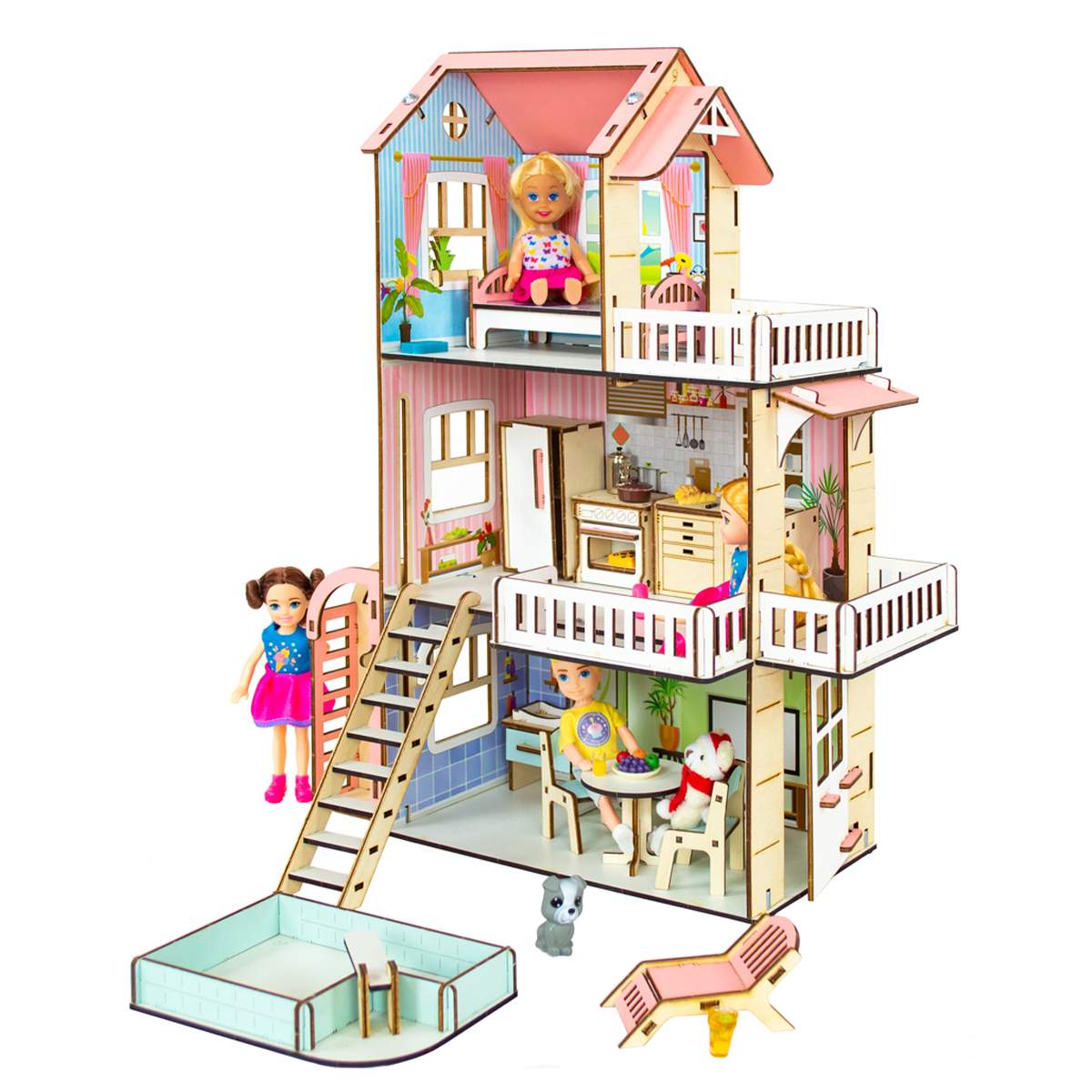 Деревянный домик игрушечный с мебелью
