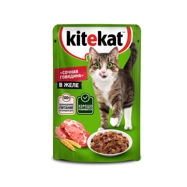 Купить влажный корм для кошек Kitekat, с говядиной в желе, 85г, цены на Мегамаркет | Артикул: 100016182586