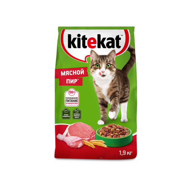 Сухой корм Kitekat для взрослых кошек Мясной Пир, 1.9кг - купить в Магнит - СберМаркет, цена на Мегамаркет