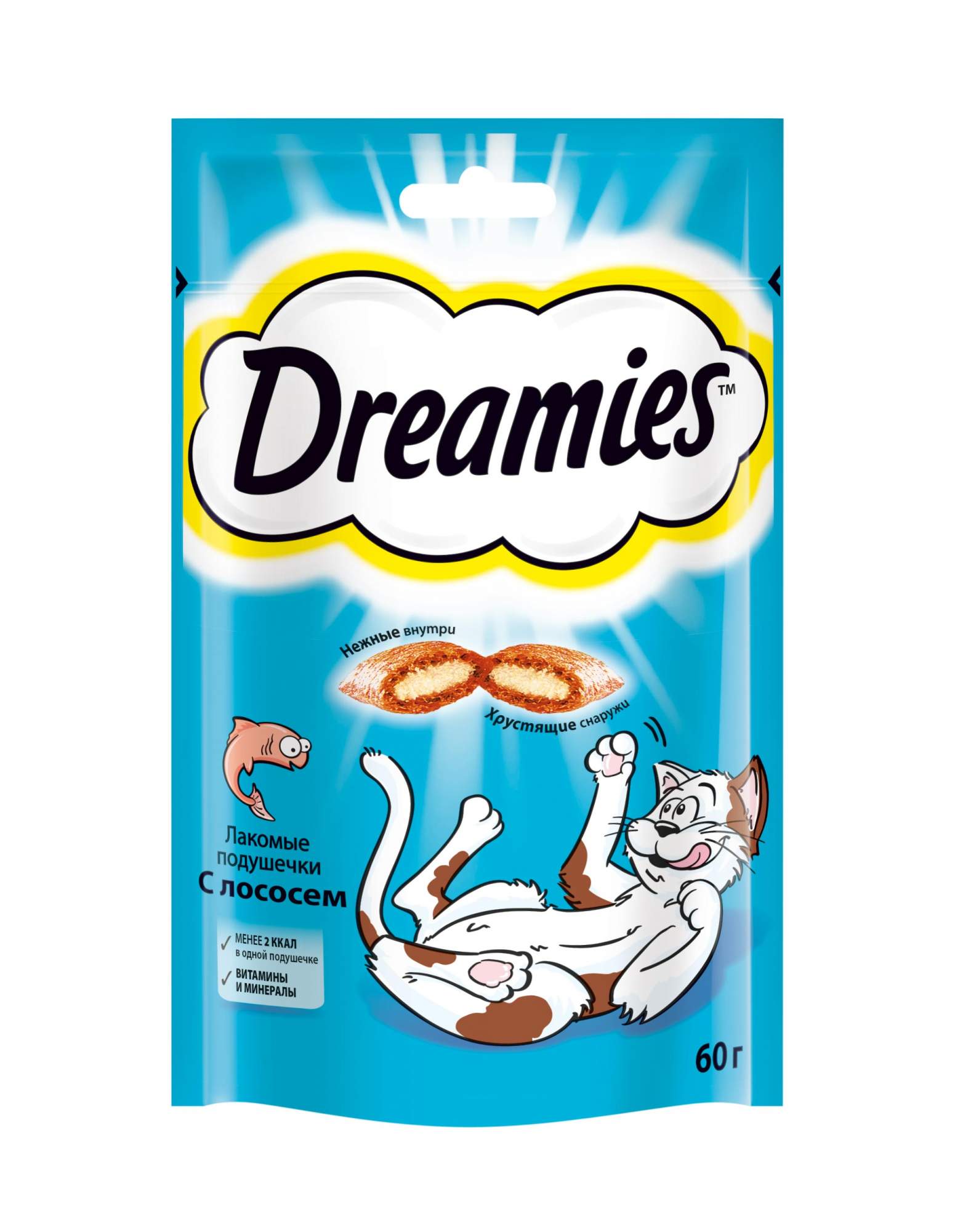 Лакомство для кошек Dreamies, Лакомые подушечки с лососем, 6 шт по 60г