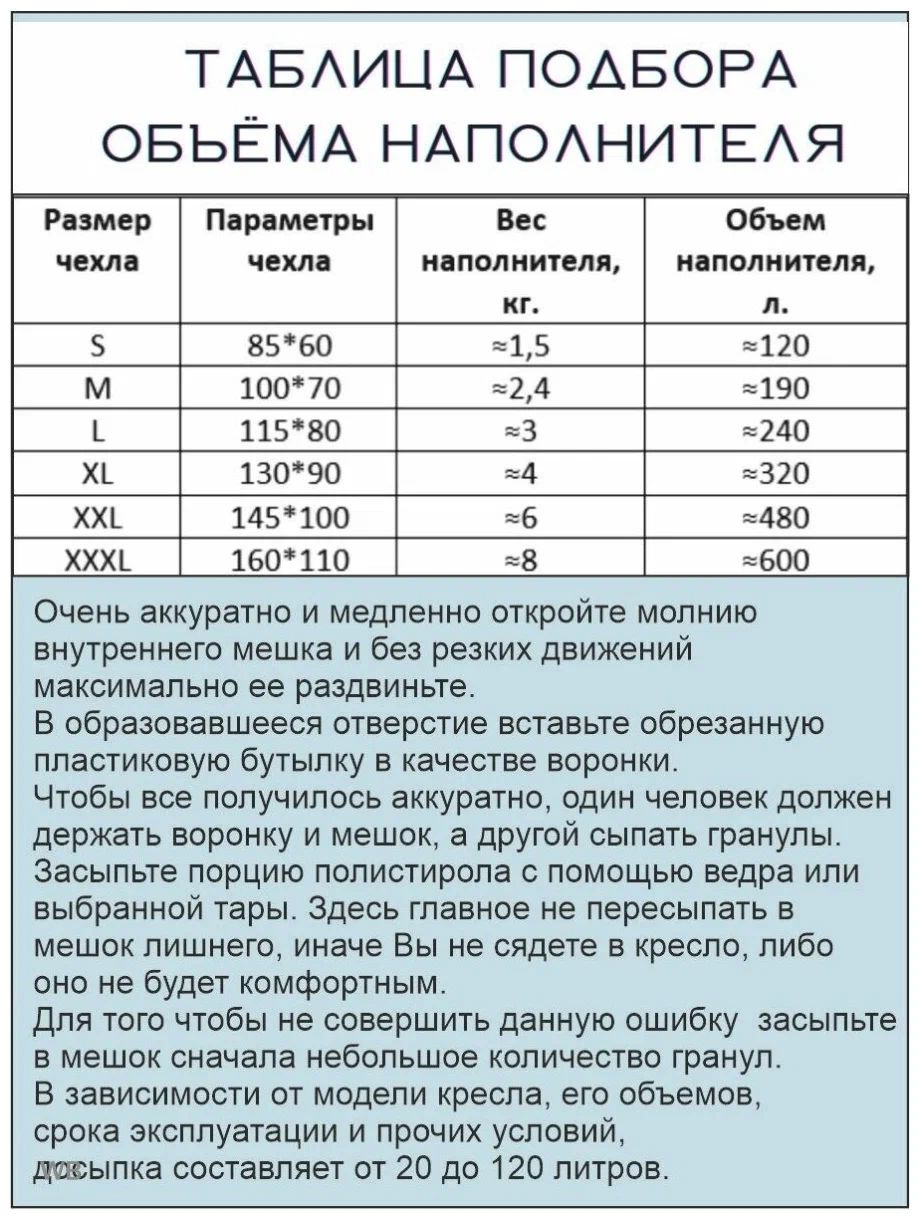 Объем кресла мешка в литрах