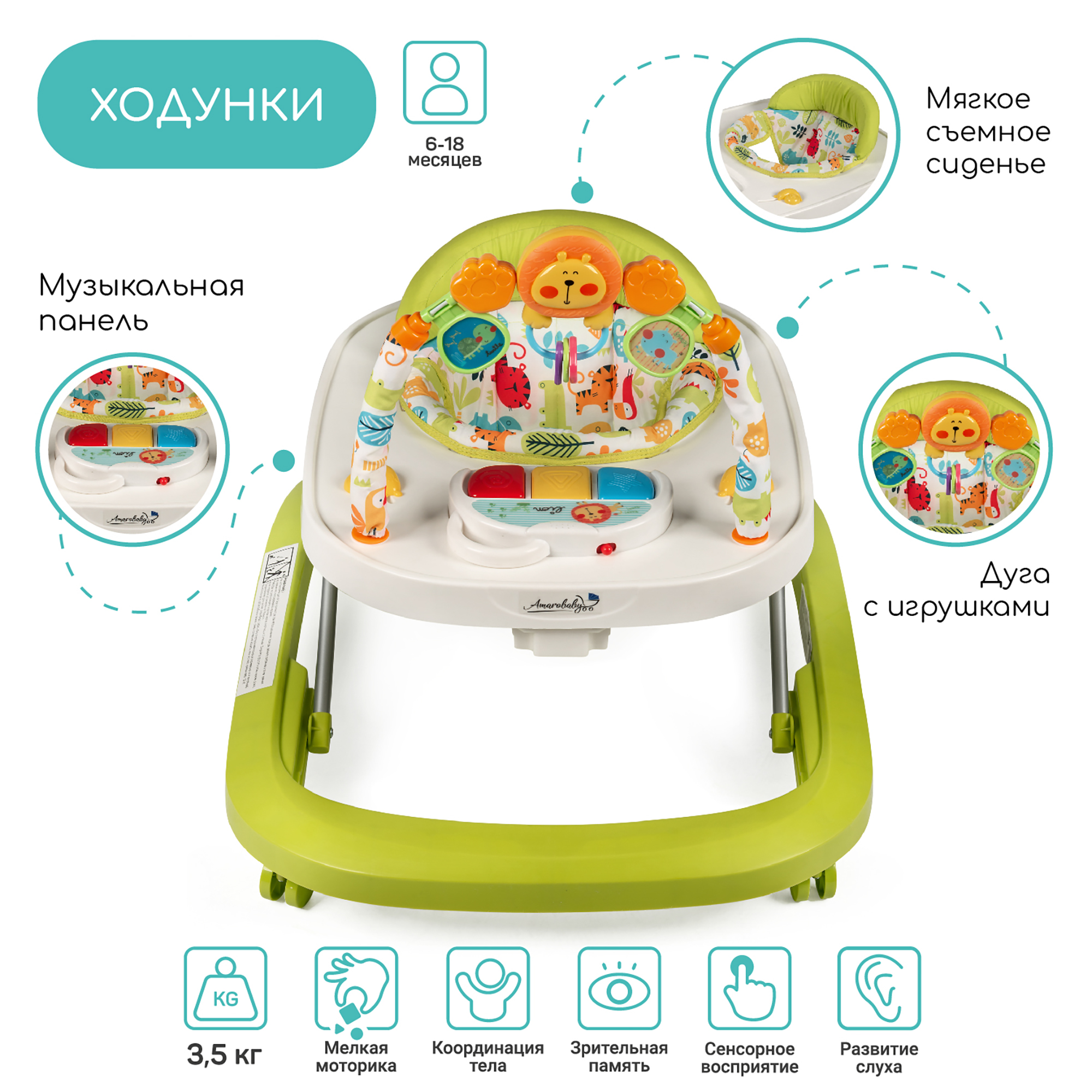 Купить ходунки детские с электронной игровой панелью AMAROBABY Walking Baby  GREEN, каталка, цены на Мегамаркет | Артикул: 100025297622