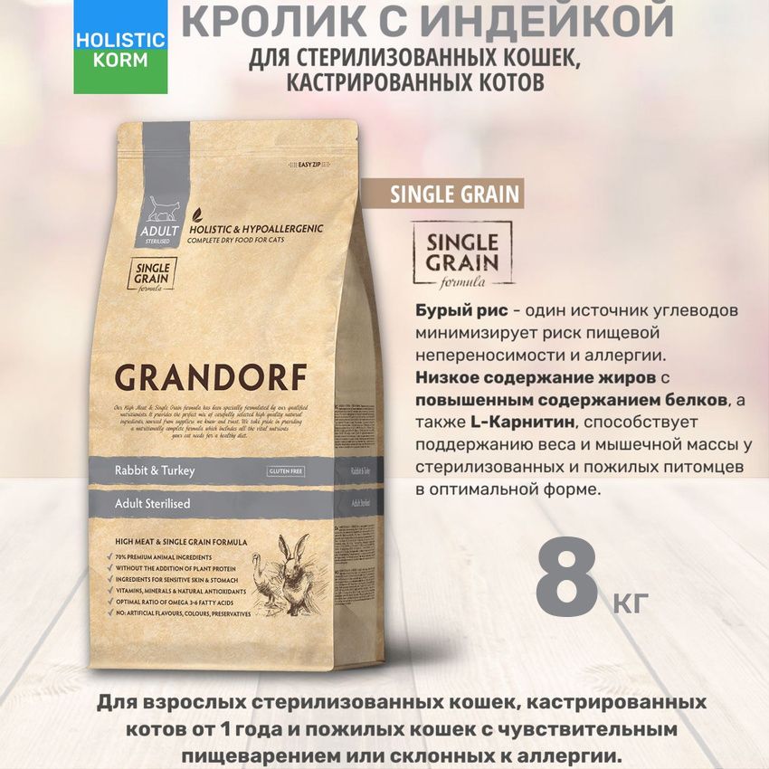 Сухой корм для кошек Grandorf Adult Sterilised, с кроликом и индейкой, 8 кг - купить в Зоогастроном Самара, цена на Мегамаркет