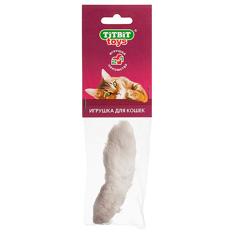 Дразнилка для кошек TiTBiT Лапка пушистая, натуральный мех, белый, 13 см