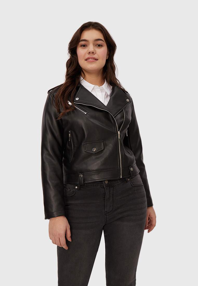 Кожаная куртка женская Modis M221W00601 черная 4XL