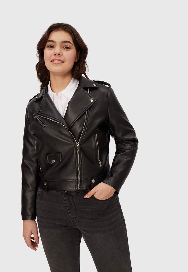 Кожаная куртка женская Modis M221W00601 черная 5XL