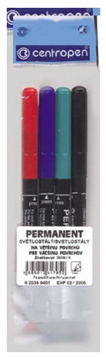 Набор маркеров перманентных, 4 цв., 1 мм, с европодвесом черный; желтый; зеленый; синий