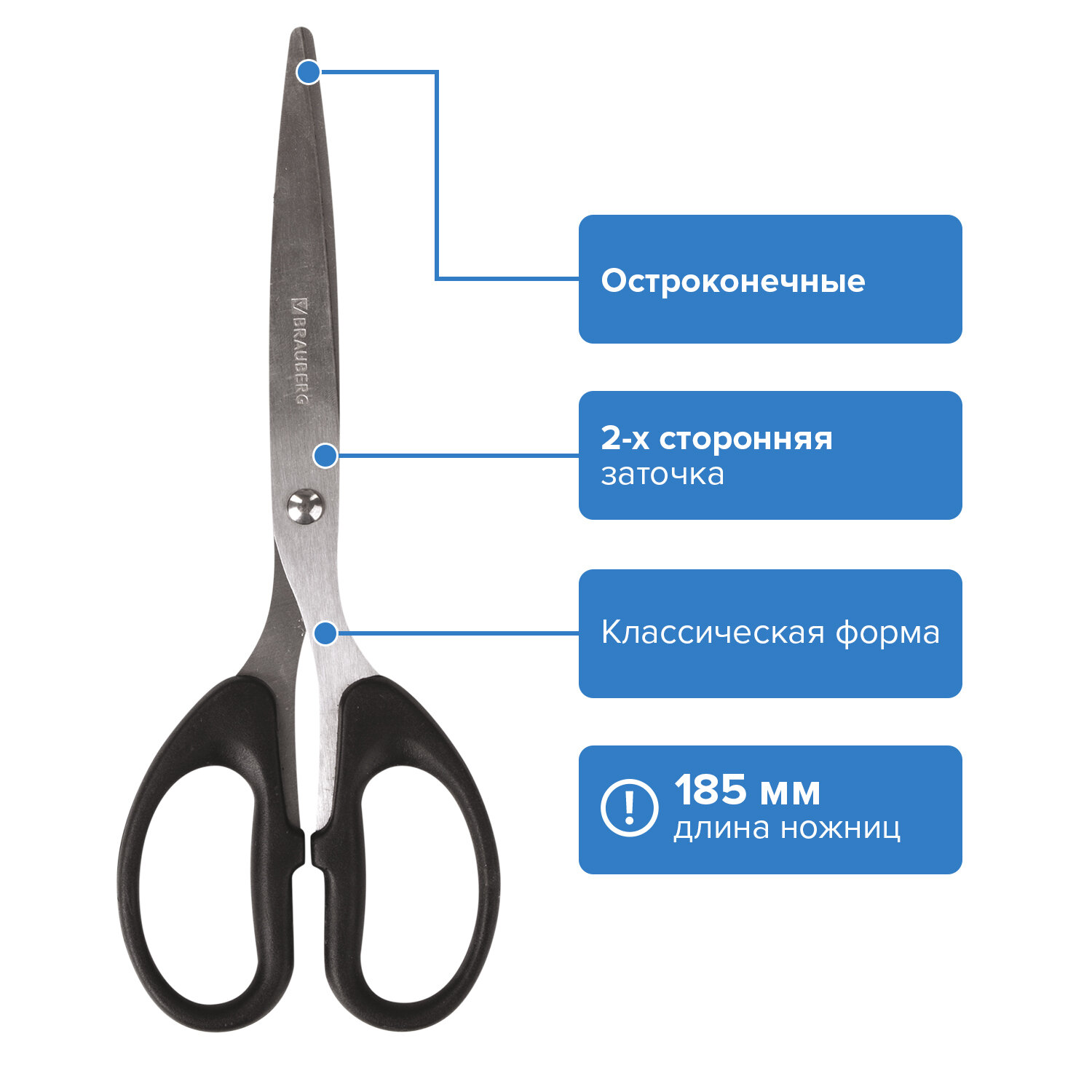 Ножницы Brauberg Classic 185 мм, 2-х сторонняя заточка, чёрные - купить ...