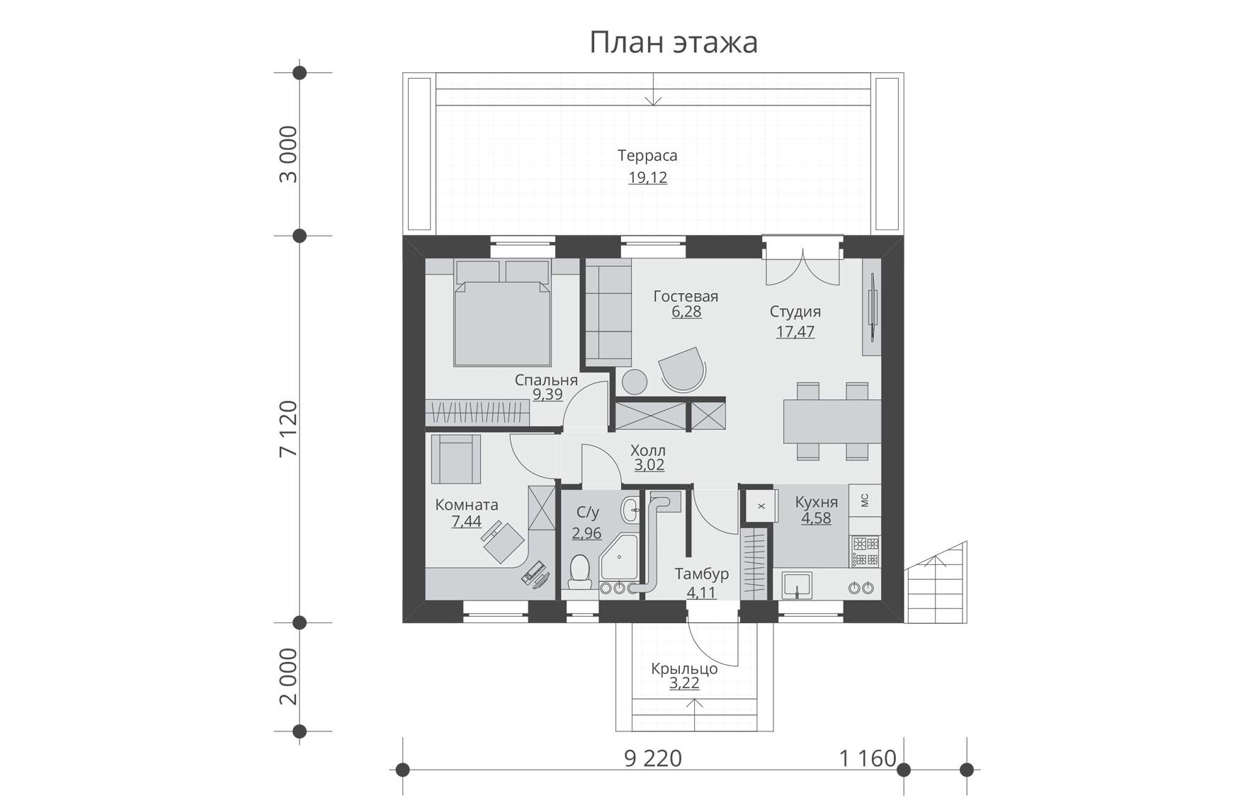 Планировки одноэтажного дома плоская крыша Проект одноэтажного дома Rg5456 с цоколем, газобетон (55 м2, 10м x 7м) - купить 