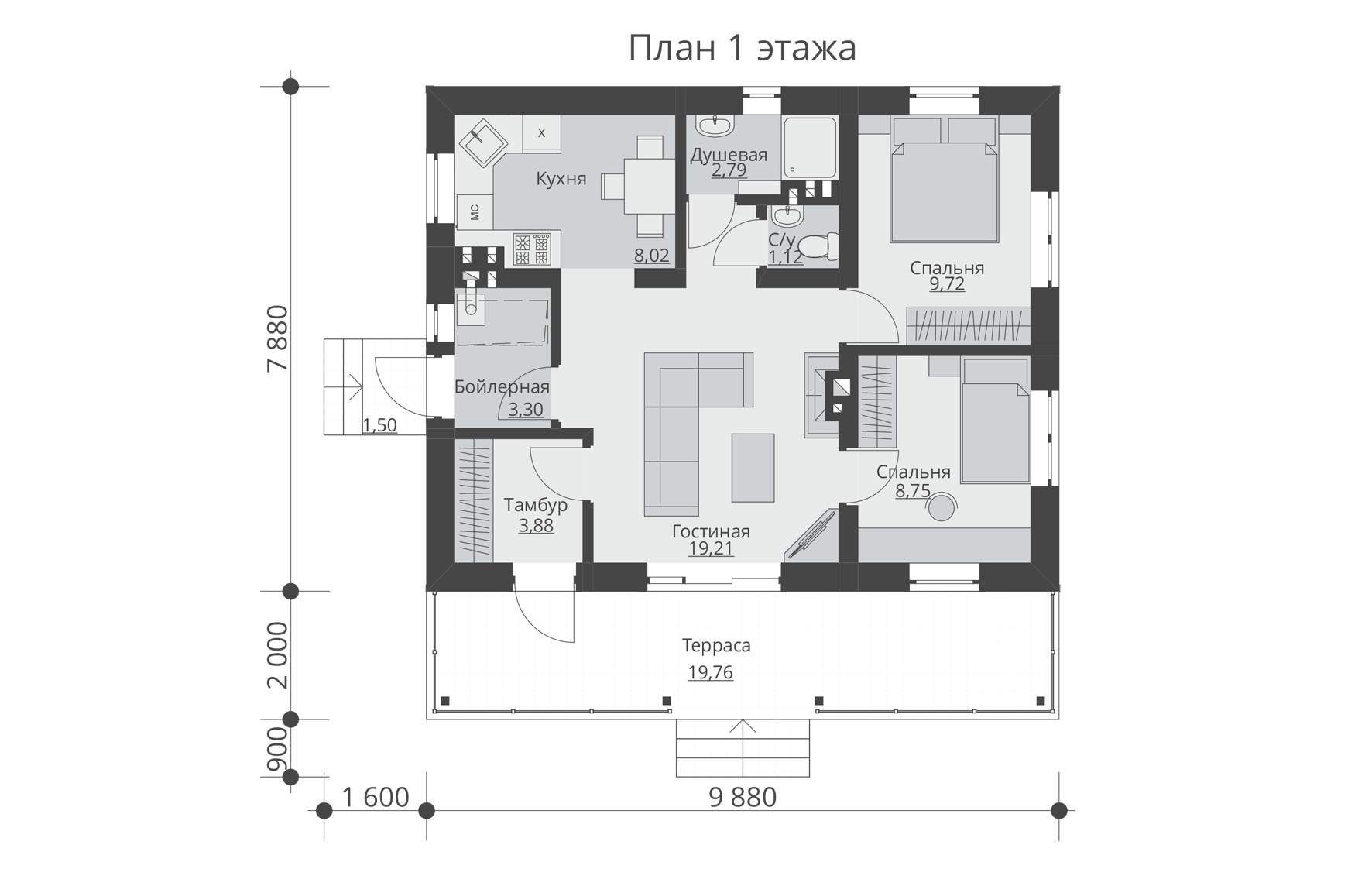 План небольшого одноэтажного дома с 1 спальней