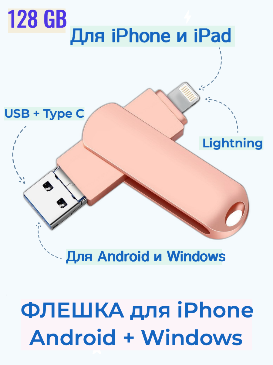 Флешка Flash card Y Disk Флешка 3 в 1 128 ГБ Розовый (26184355), купить в  Москве, цены в интернет-магазинах на Мегамаркет