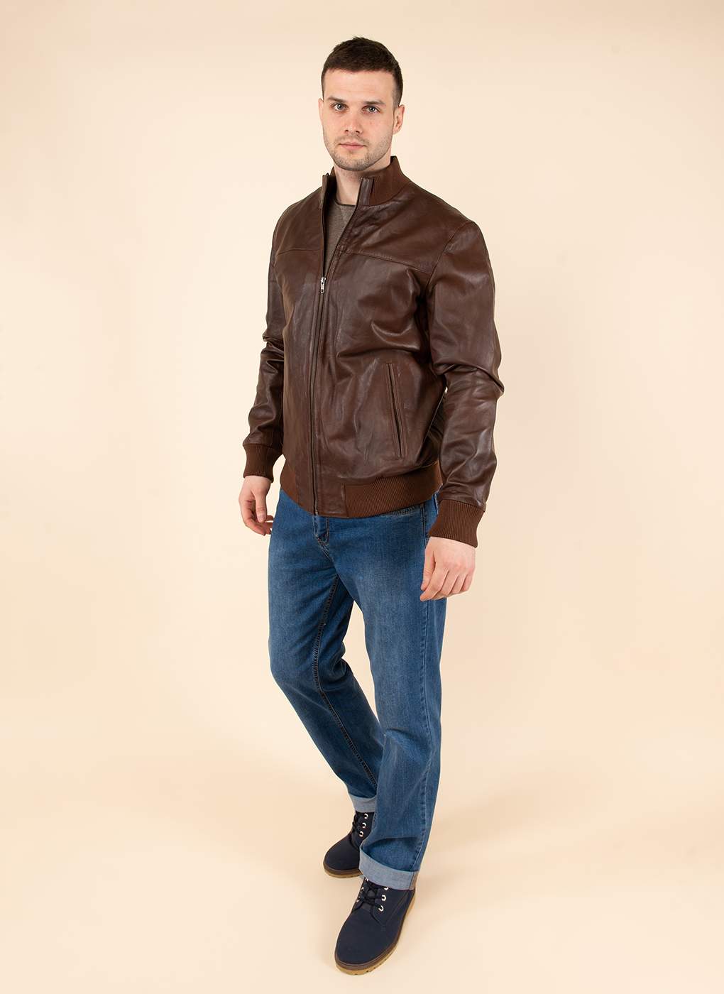 Кожаная куртка мужская Каляев 1614497 коричневая 60 RU