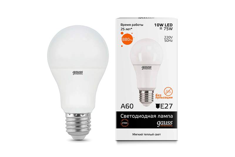 Лампа Gauss LED Elementary A60 10W E27 880lm 3000K - купить в Москве, цены на Мегамаркет