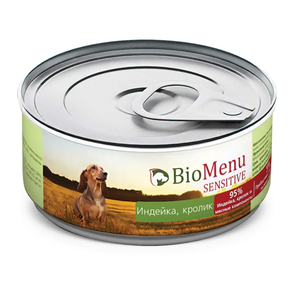 Консервы для собак BioMenu Sensitive, индейка, кролик, 24шт по 100г