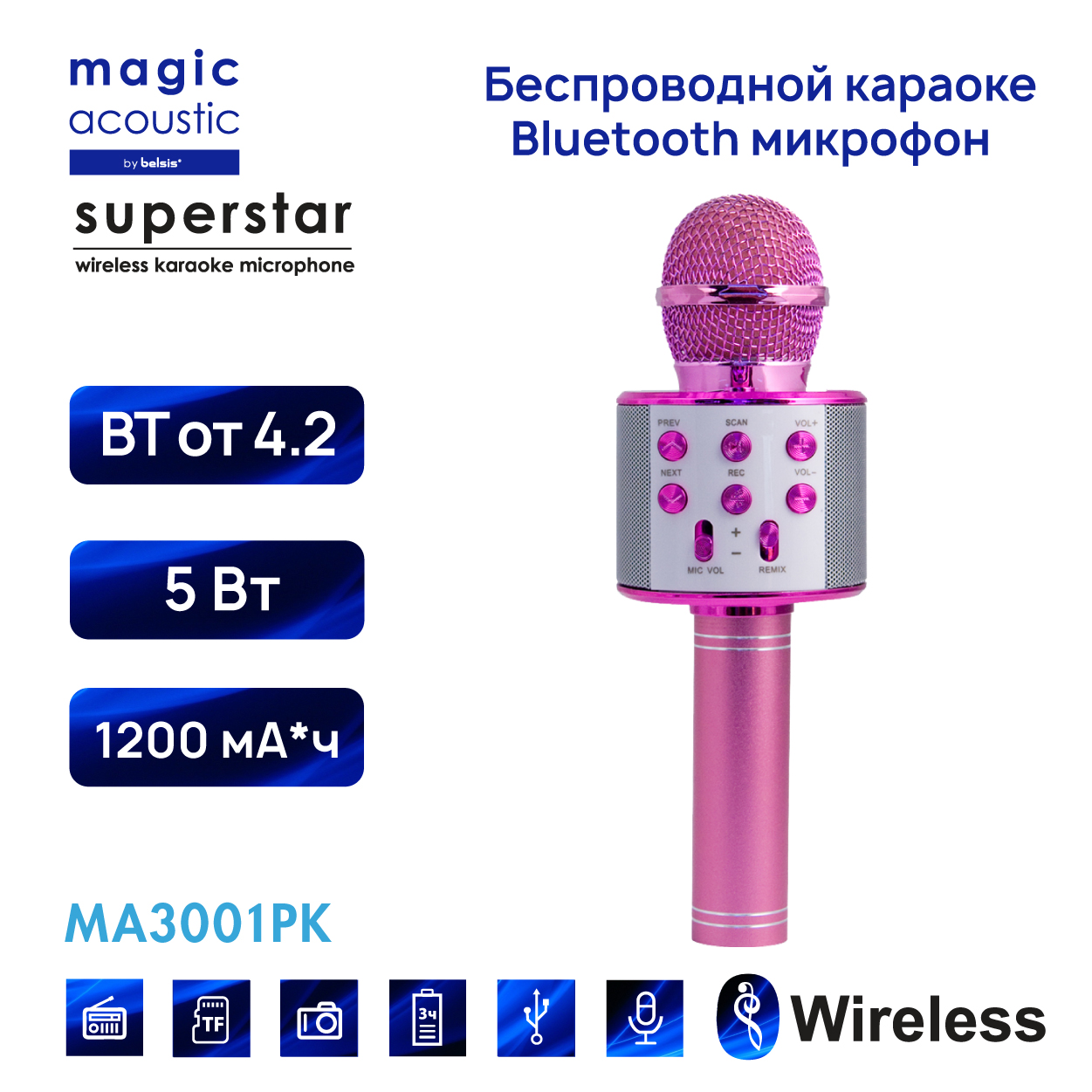 Микрофон-караоке Belsis Magic Acoustic Superstar Pink (MA3001PK) - отзывы  покупателей на маркетплейсе Мегамаркет | Артикул: 600004043490